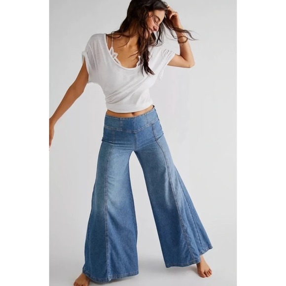 Free People Denim - Free People Juniper Wide Leg Palazzo Denim Jeans Mid Rise Womens Size 28